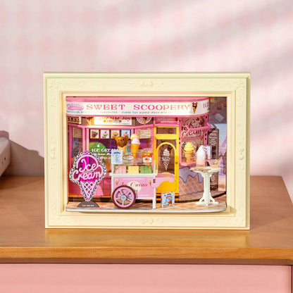 Rolife Sweet Scoopery Ice Cream DP002 story frame displayed on a tabletop with warm pastel background
