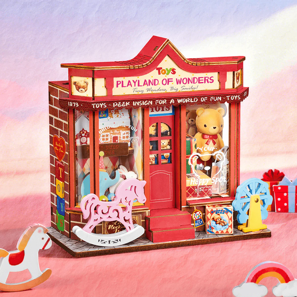 Rolife Whimsy Toy Shop DS044 assembled miniature toy shop in a colourful lifestyle scene.