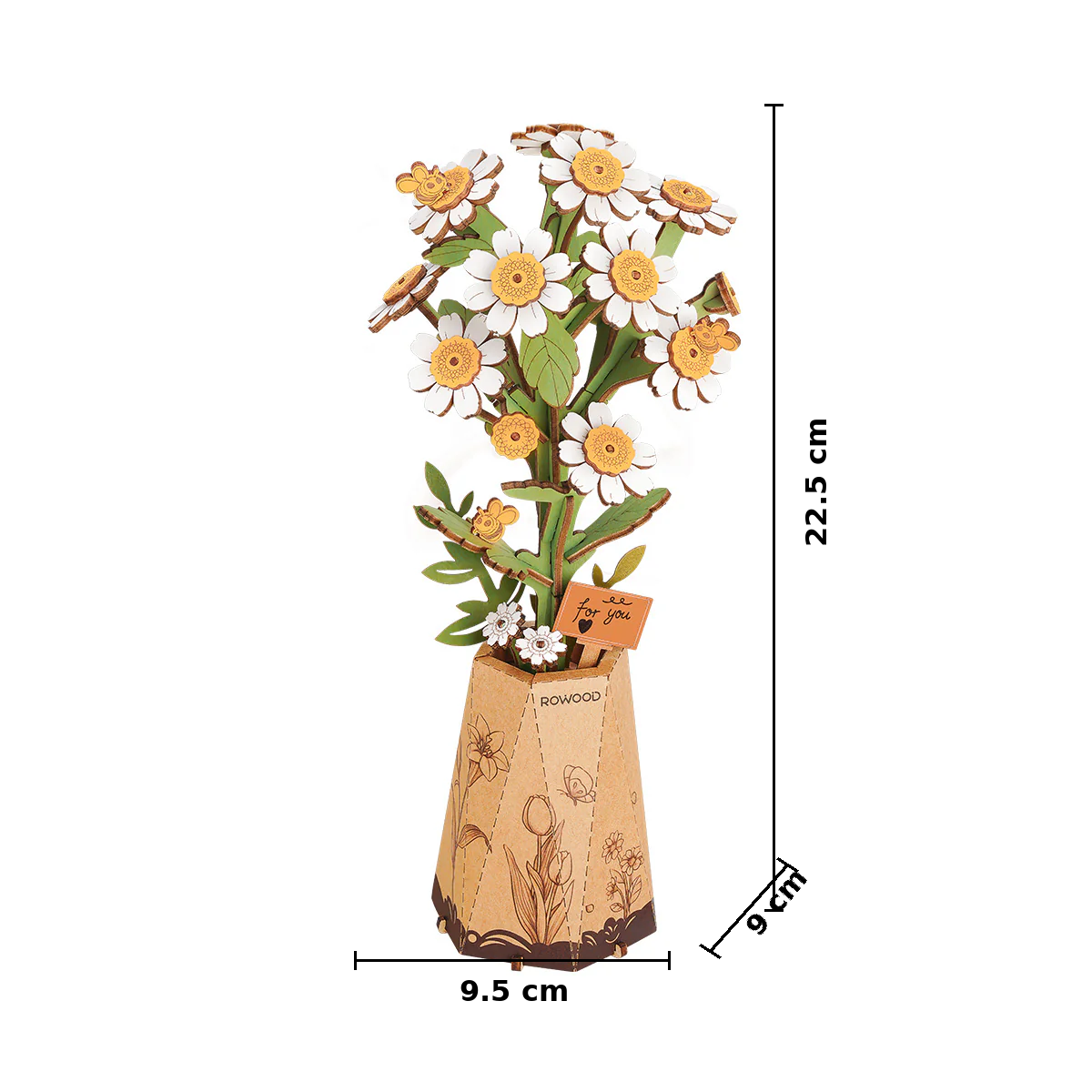 Rowood Chamomile TW061 assembled size guide showing 9.5 cm width, 9 cm depth and 22.5 cm height