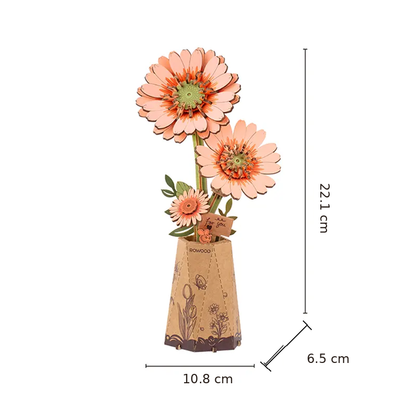 Rowood Light Orange Gerbera Daisy TW111 assembled size guide showing 10.8 cm width, 6.5 cm depth and 22.1 cm height