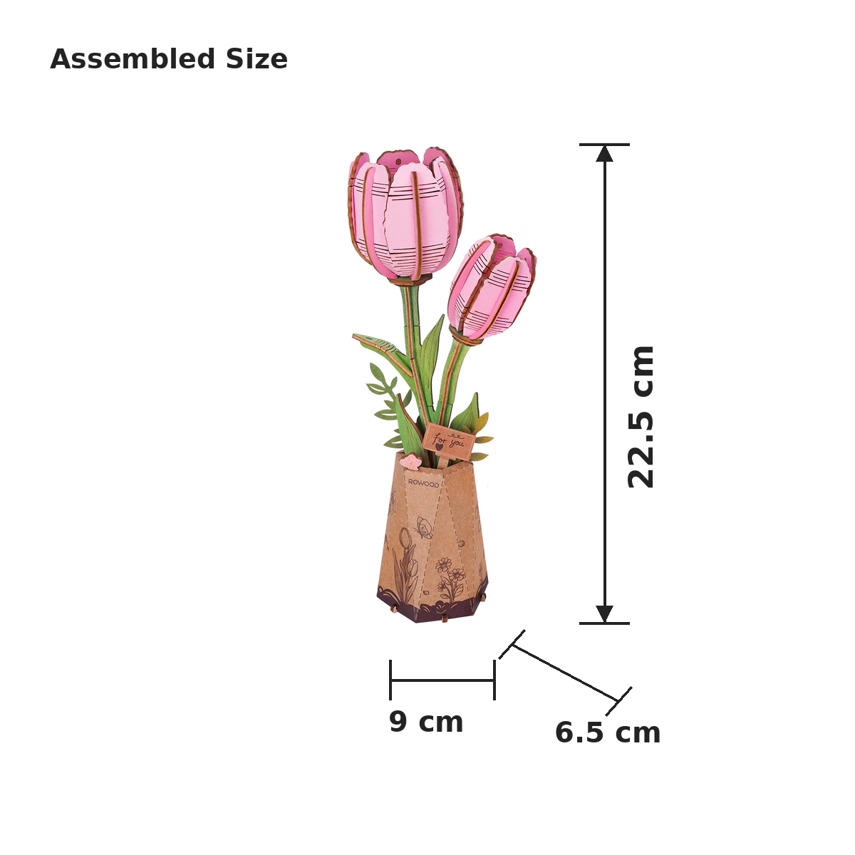 Rowood Pink Tulip TW082 assembled size guide showing 9 cm width, 6.5 cm depth and 22.5 cm height