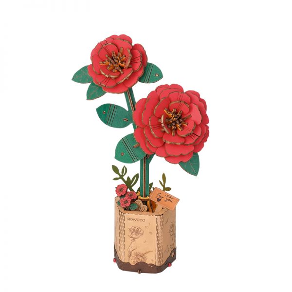 Rowood Red Camellia TW031 wooden flower model clean product view on white background