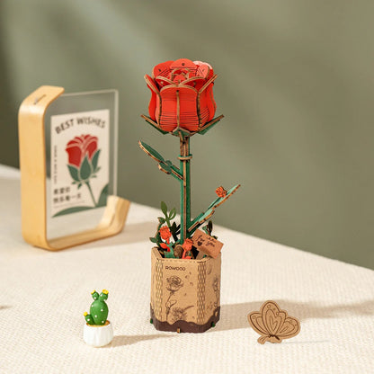 Rowood Red Rose TW042 wooden flower displayed as home decor on a tabletop