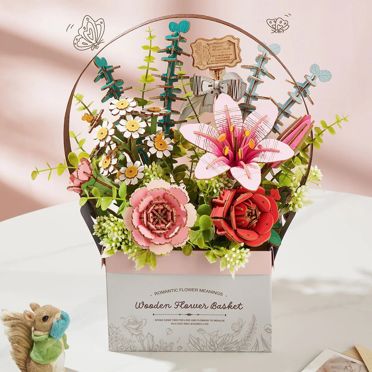 Rowood Wooden Flower Basket TW03H displayed as a finished wooden flower basket home decor piece on a soft pink lifestyle background