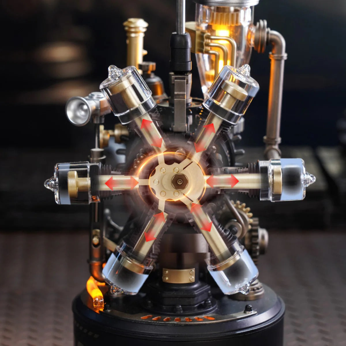 Close-up of ROKR Leonardo da Vinci's Helicopter CGL01 six-cylinder engine mechanism