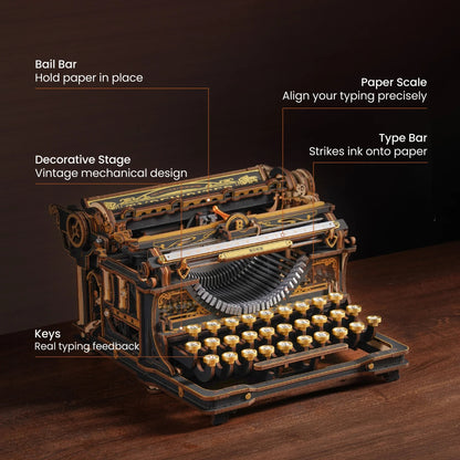 ROKR Mechanical Typewriter LK703B functional parts overview with bail bar paper scale type bar and keys