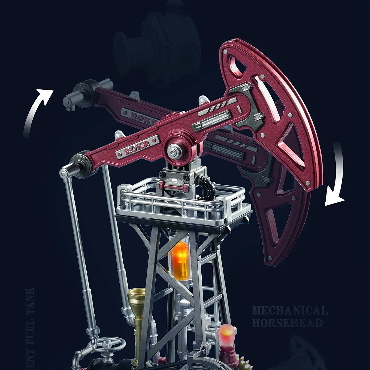 ROKR Oil Pump Jack CGL03 close-up showing the moving pumpjack beam and realistic nodding donkey mechanism