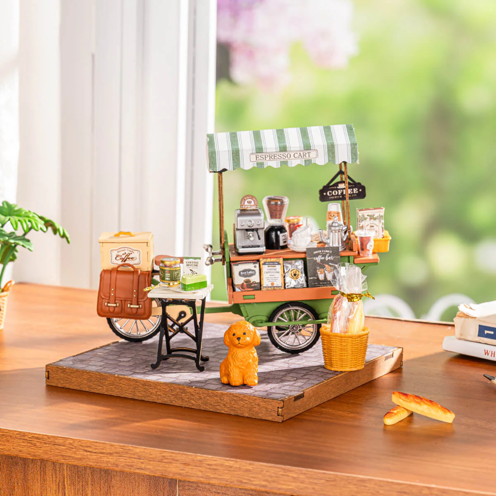 Rolife Aromatic Coffee Cart DG182 miniature coffee cart displayed near a bright window