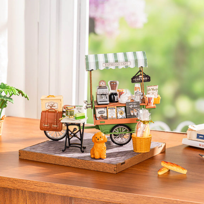 Rolife Aromatic Coffee Cart DG182 miniature coffee cart displayed near a bright window