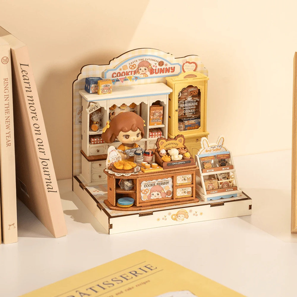 Rolife Cookii Bunny's Cookie Shop DG177 displayed on a shelf as cute home decor