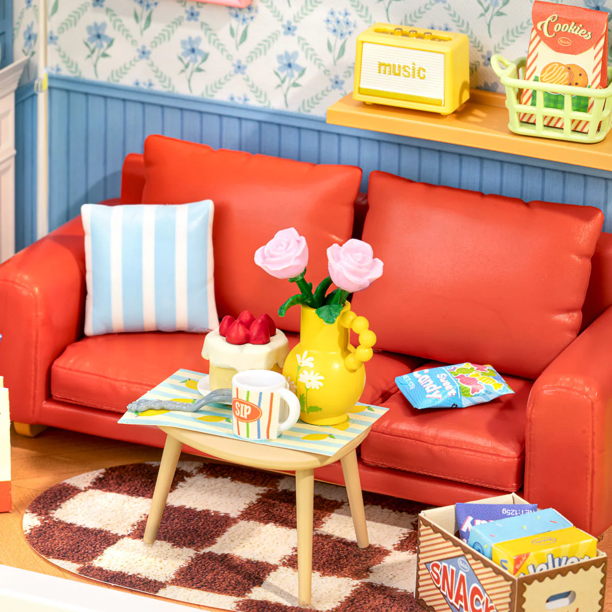 Close-up of Rolife Country Blue Lounge DWS05B red sofa, coffee table, flowers, snacks and blue floral wallpaper