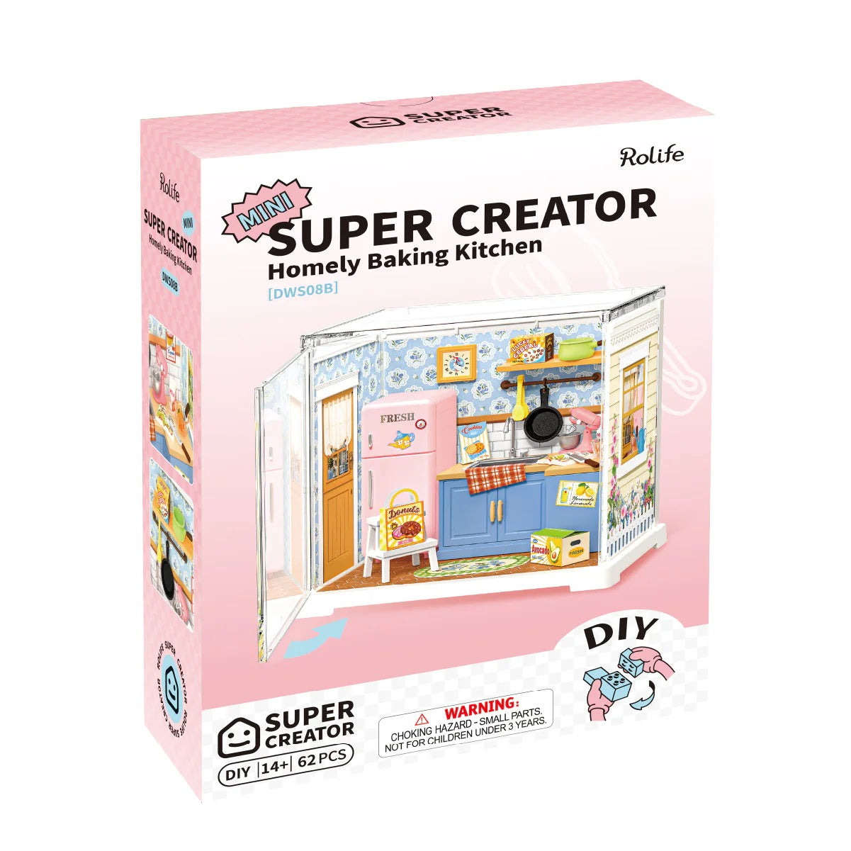 Rolife Homely Baking Kitchen DWS08B retail box packaging for Mini Super Creator DIY miniature house kit.