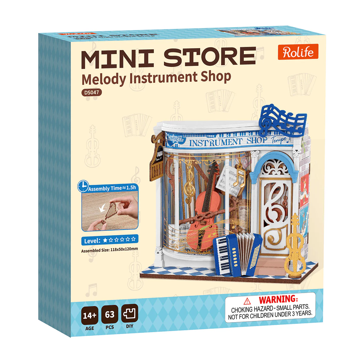 Rolife Melody Instrument Shop DS047 product box showing 63 piece mini store DIY kit