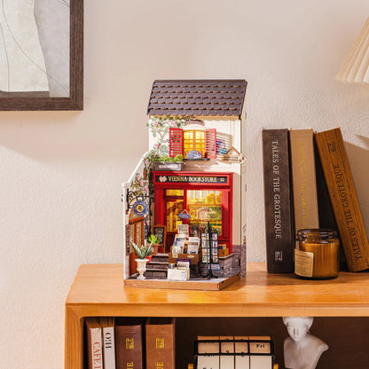 Rolife Vienna Bookstore DG183 miniature bookstore displayed on a shelf as home decor