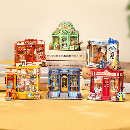 Rolife Tiny Stores collection display featuring Whimsy Toy Shop DS044 with other miniature store kits.