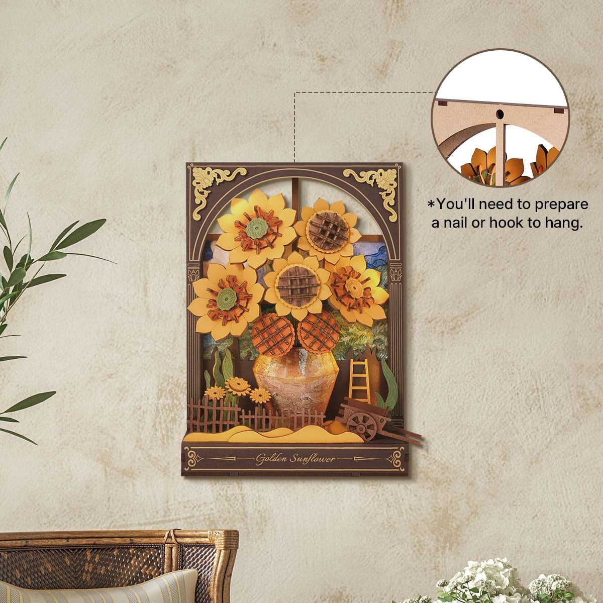 Rowood Golden Sunflower TH002 wall hanging display showing rear hook position for home decor