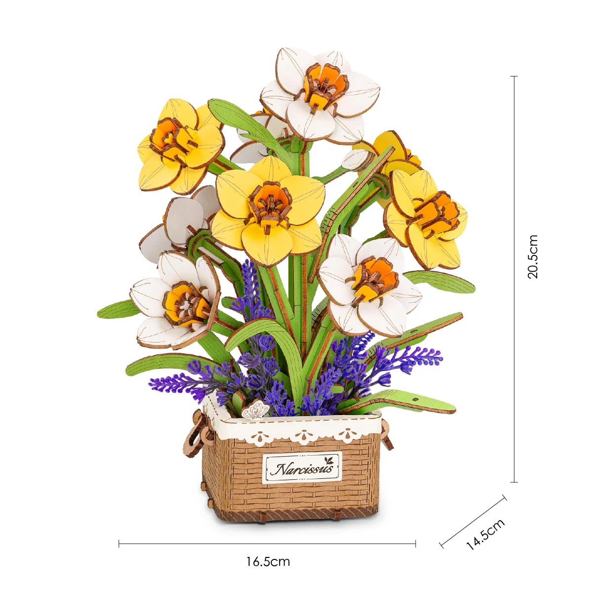 Rowood Narcissus TF002 DIY wooden flower bouquet size guide showing assembled dimensions 16.5 x 14.5 x 20.5 cm