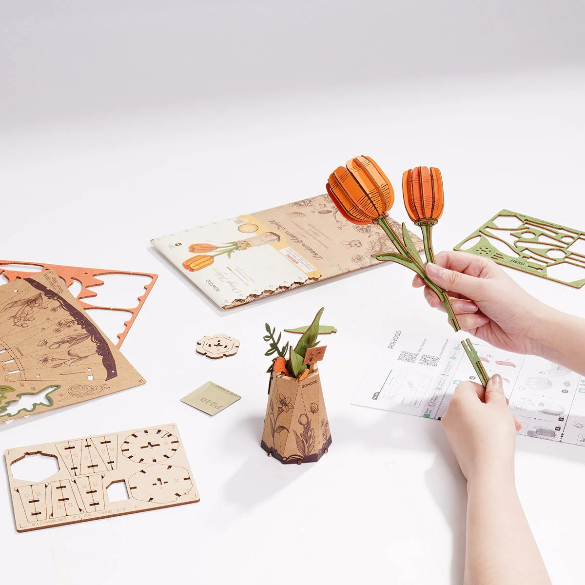 Hands assembling the Rowood Orange Tulip TW081 DIY wooden flower with pre-cut wooden sheets and instruction manual.