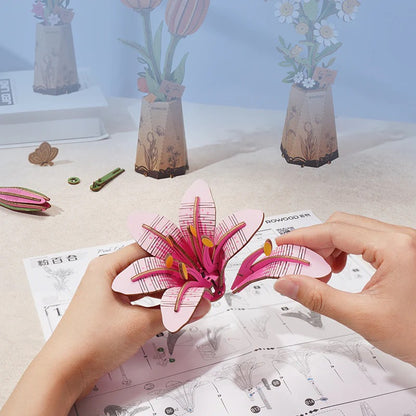 Rowood Pink Lily TW071 DIY wooden flower puzzle assembly detail with flower petals and instruction manual