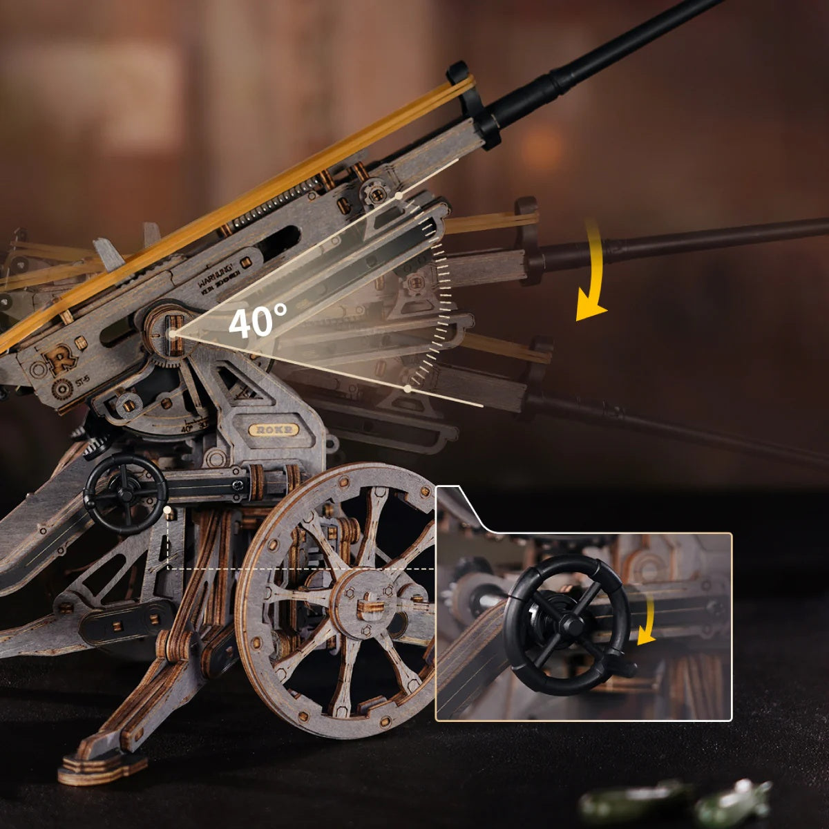 ROKR Anti-aircraft Gun LQM01 hand crank elevation mechanism showing 40 degree angle adjustment