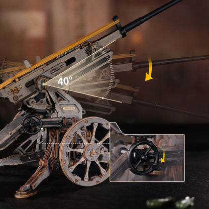 ROKR Anti-aircraft Gun LQM01 hand crank elevation mechanism showing 40 degree angle adjustment