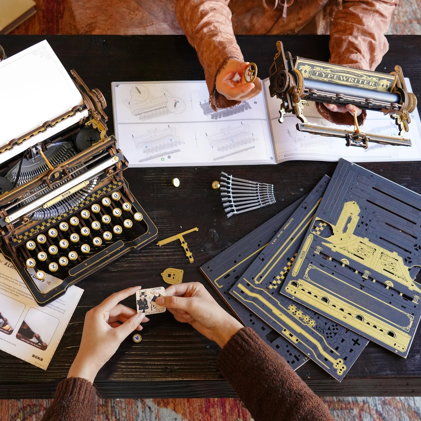 ROKR Mechanical Typewriter LK703B assembly process with wooden sheets and instruction manual