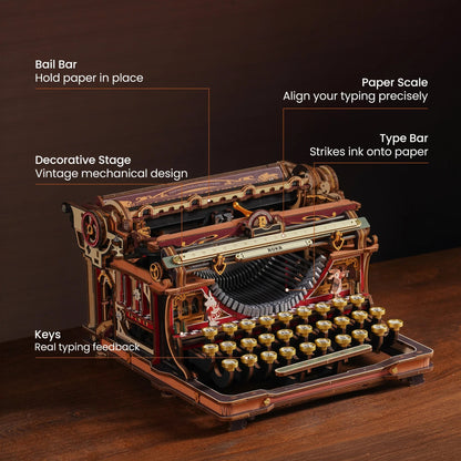 ROKR Mechanical Typewriter LK703C Magic Version feature details showing keys paper scale and type bars