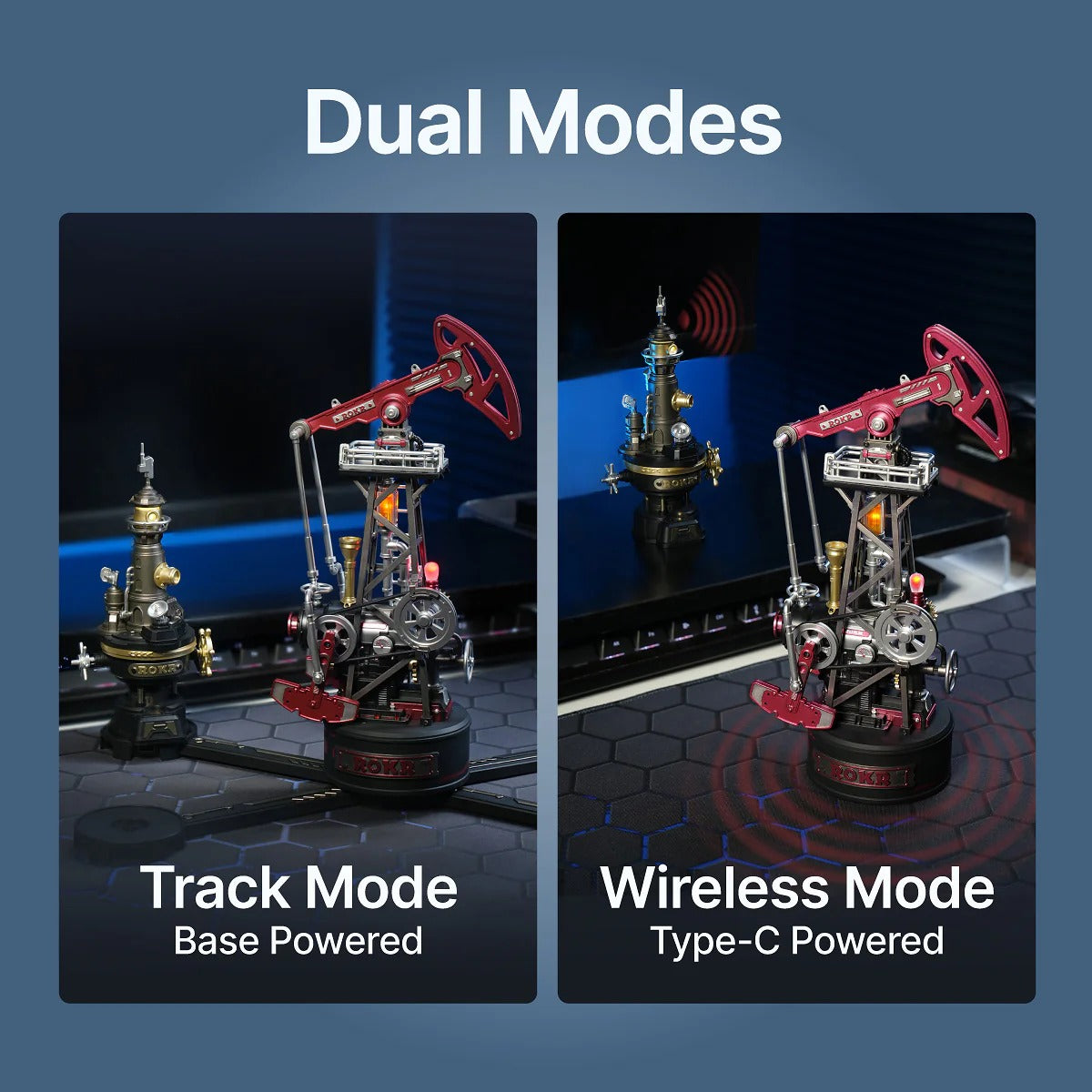 ROKR Oil Pump Jack CGL03 dual linkage modes showing track mode base powered and wireless mode Type-C powered operation