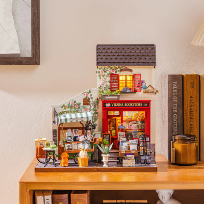 Rolife Aromatic Coffee Cart DG182 paired with Vienna Bookstore miniature house in a front display scene