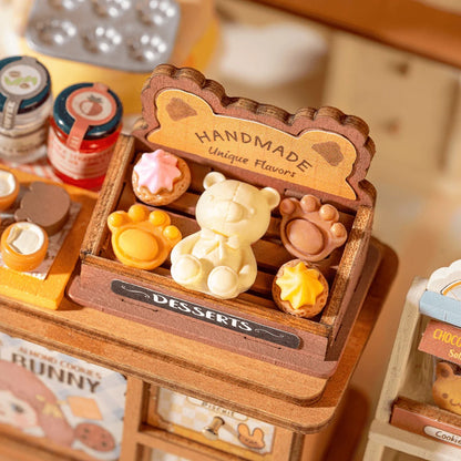 Close-up of the handmade dessert display in Rolife Cookii Bunny's Cookie Shop DG177