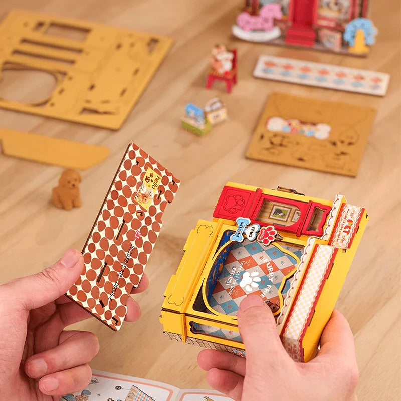 Rolife Pawfect Pet Shop DS045 hands assembling snap-fit miniature pet shop parts