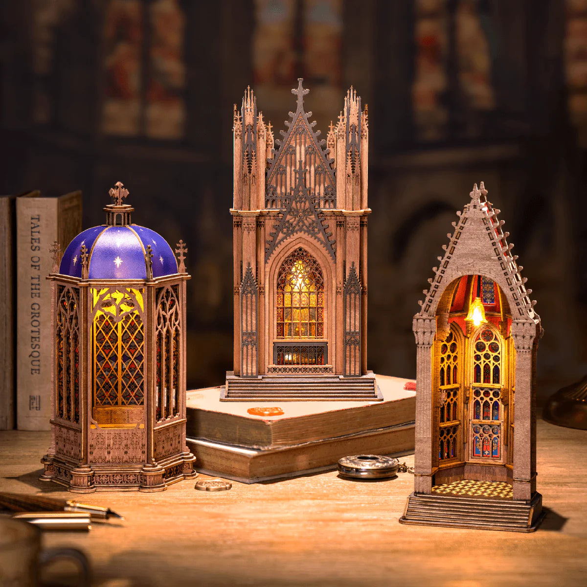 Rolife Rose Window Cathedral collection with Starry Dome Cathedral TGA02 and matching illuminated cathedral models