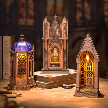 Rolife Rose Window Cathedral collection with Starry Dome Cathedral TGA02 and matching illuminated cathedral models