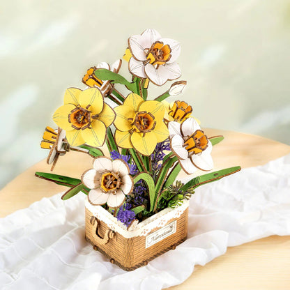 Rowood Narcissus TF002 wooden daffodil flower bouquet displayed on soft home decor background