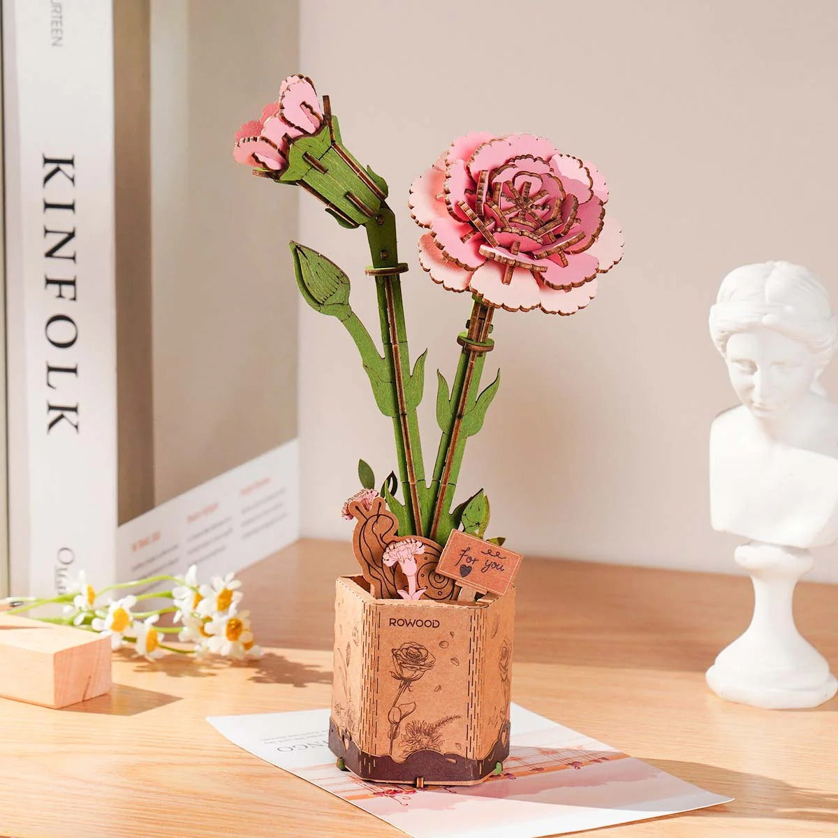 Rowood Pink Carnation TW051 wooden flower craft styled on a shelf with flowers and decor