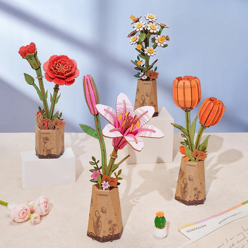 Rowood Pink Lily TW071 displayed with other Rowood wooden flower craft kits