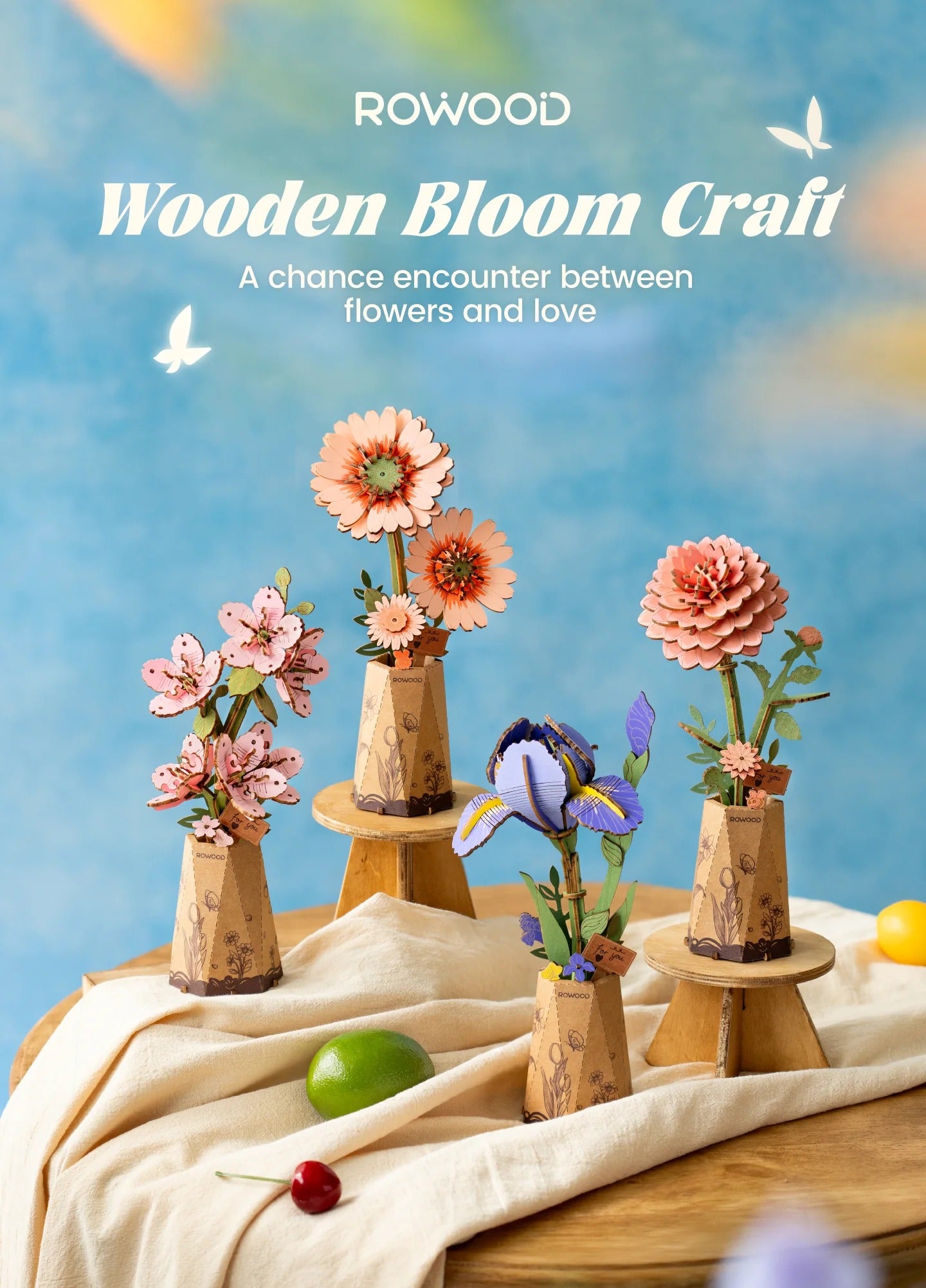 Rowood Purple Iris TW121 displayed with Rowood wooden bloom craft flower kits