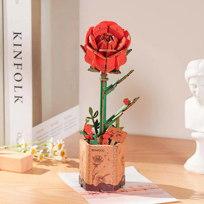 Rowood Red Rose TW042 displayed on a shelf or desk as a decorative wooden flower