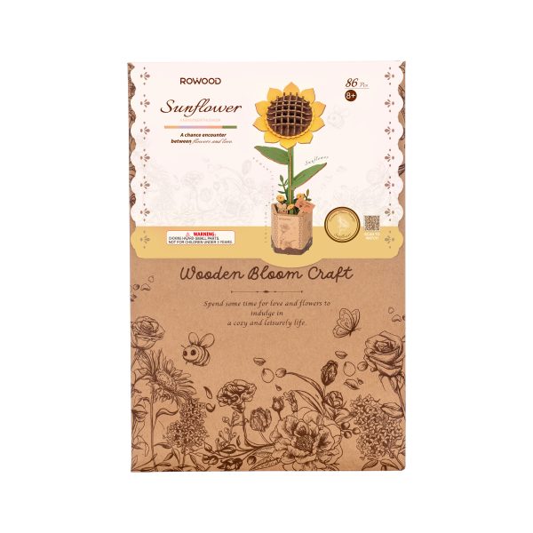 Rowood Sunflower TW011 Wooden Bloom Craft package front for the 86-piece wooden flower kit