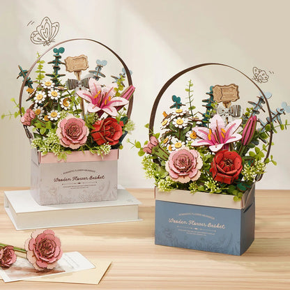 Rowood Wooden Flower Basket TW03H finished bouquets shown in pink and blue basket colour options on a tabletop display
