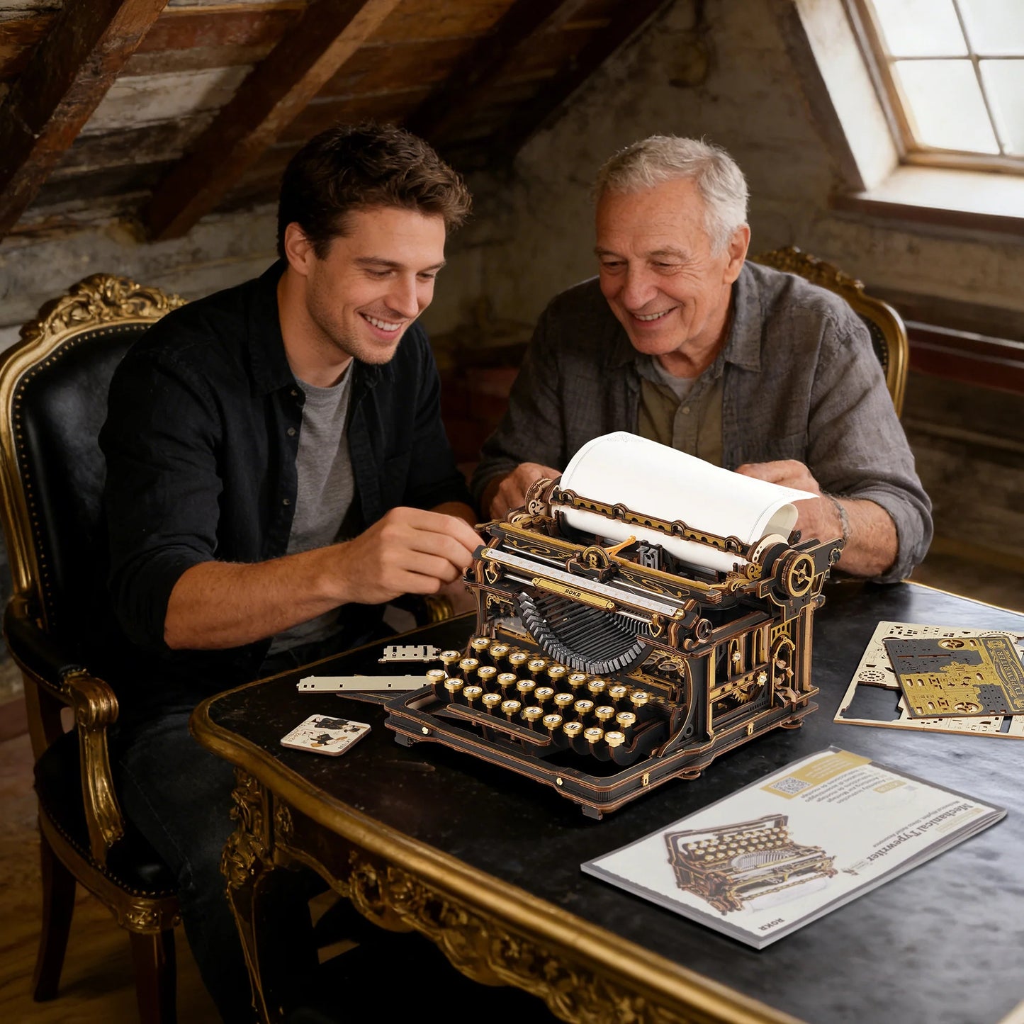 ROKR Mechanical Typewriter LK703B gift and hobby building scene with two builders