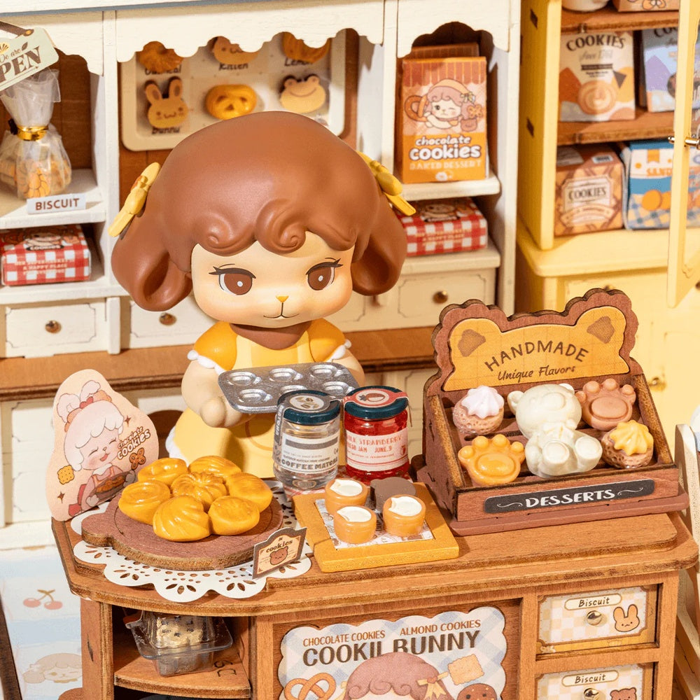 Close-up of Cookii Bunny and the bakery counter in Rolife Cookii Bunny's Cookie Shop DG177