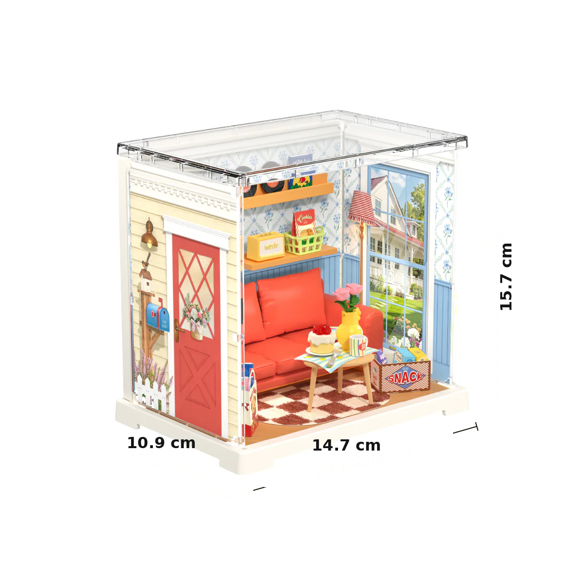 Rolife Country Blue Lounge DWS05B assembled size guide showing 14.7 cm width, 10.9 cm depth and 15.7 cm height