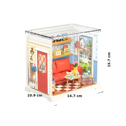 Rolife Country Blue Lounge DWS05B assembled size guide showing 14.7 cm width, 10.9 cm depth and 15.7 cm height