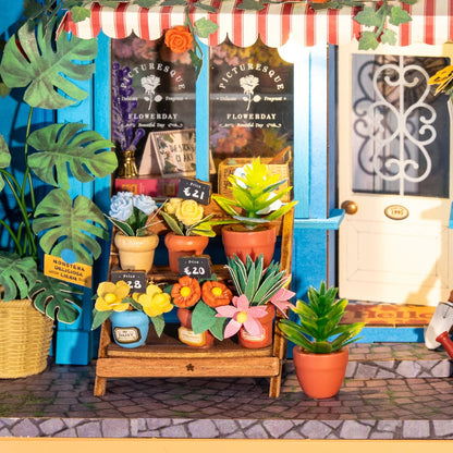 Rolife Daily Fresh Flower DP003 close-up of miniature flower stand, potted plants, Monstera leaves and shop door details