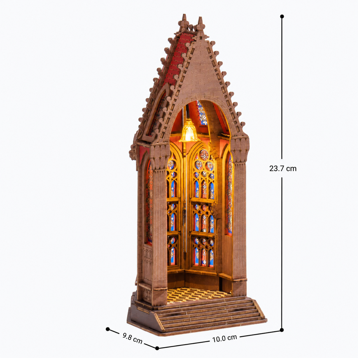 Rolife Geometric Cathedral TGA03 assembled size guide showing 9.8 by 10.0 by 23.7 cm finished model