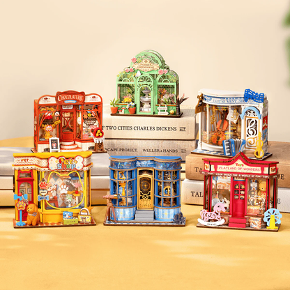 Rolife Melody Instrument Shop DS047 displayed with other Tiny Stores miniature house kits