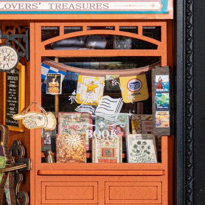 Close-up of Rolife Old Times Bookstore DP004 glass window with book posters, bookmarks and vintage shopfront details