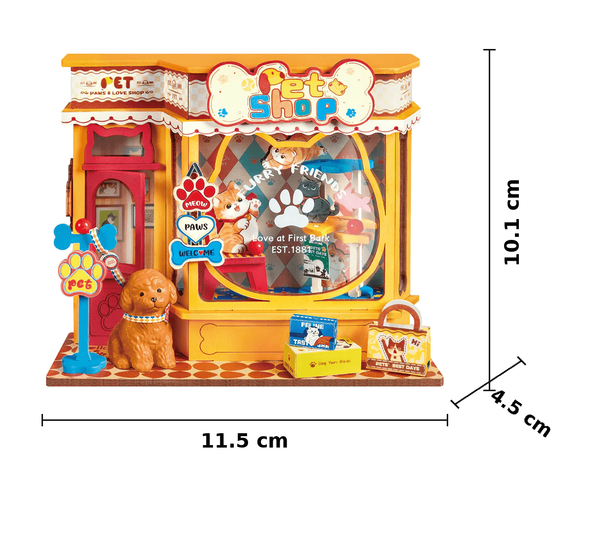 Rolife Pawfect Pet Shop DS045 assembled size guide in centimetres 11.5 x 4.5 x 10.1 cm