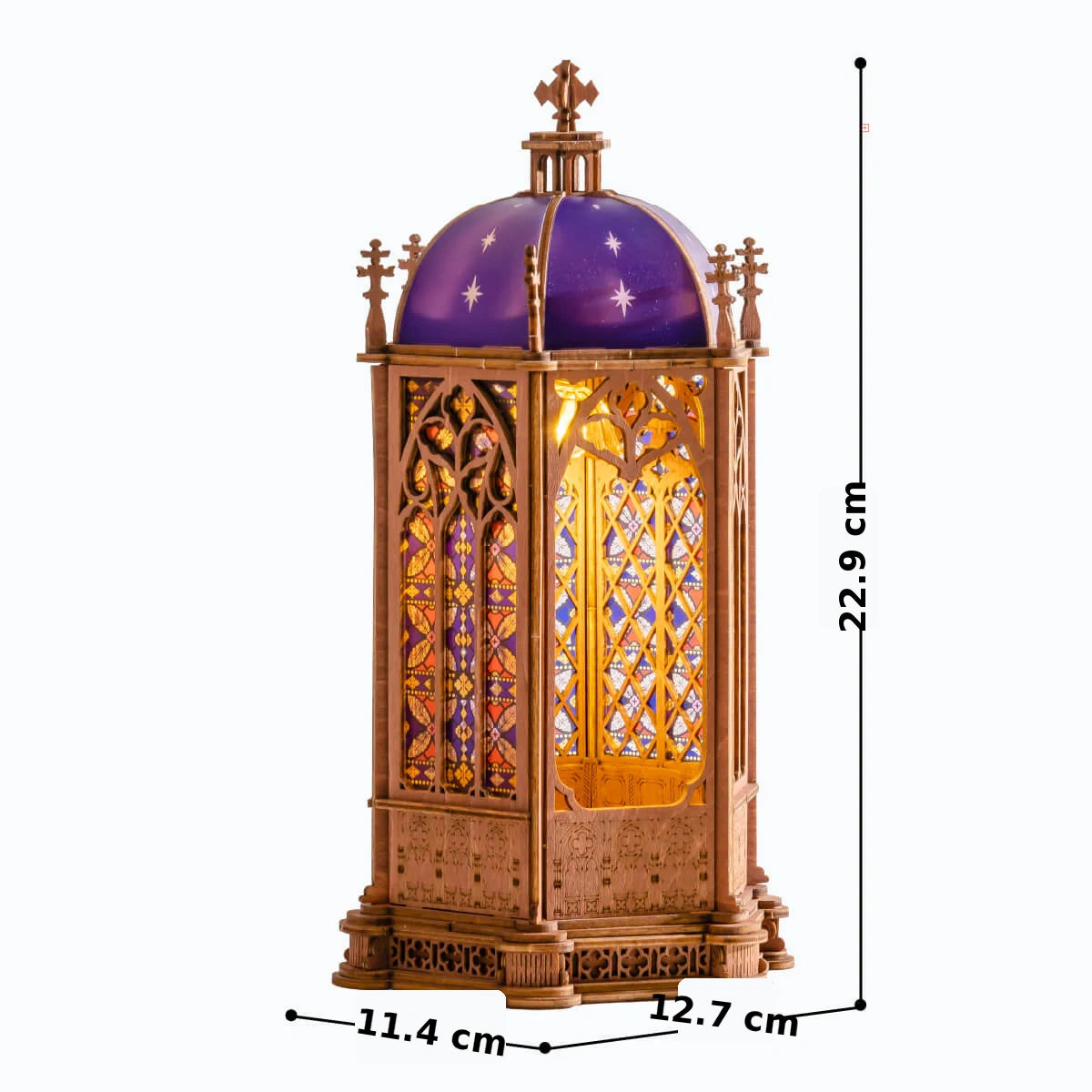 Rolife Starry Dome Cathedral TGA02 assembled size guide showing 12.7 by 11.4 by 22.9 cm finished model
